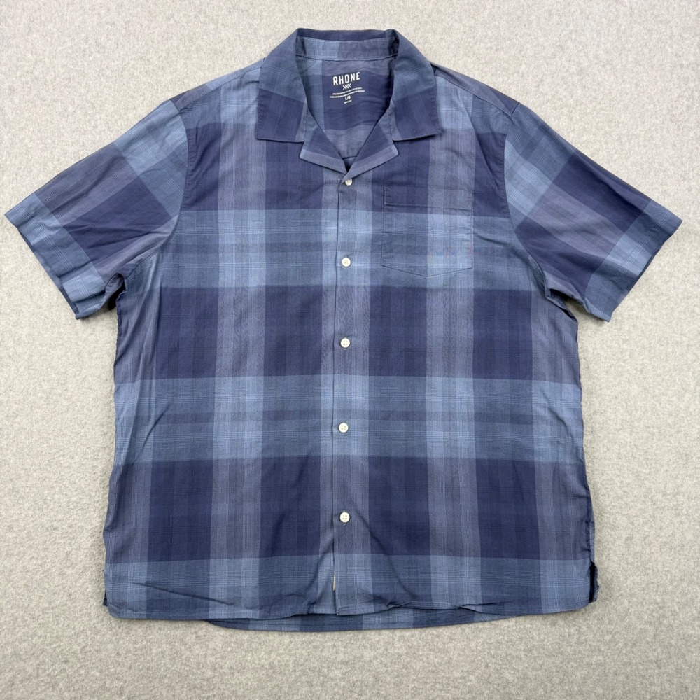Rhone Shirt Mens Large Blue Plaid Short Sleeve Commuter Camp Collar Performance
